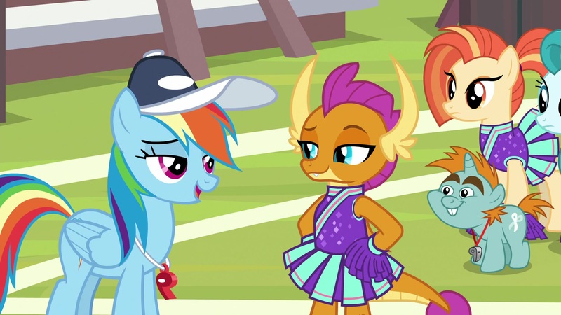 Size: 1920x1080 | Tagged: safe, derpibooru import, screencap, lighthoof, rainbow dash, shimmy shake, smolder, snips, dragon, pony, 2 4 6 greaaat, cap, cheerleader smolder, hat