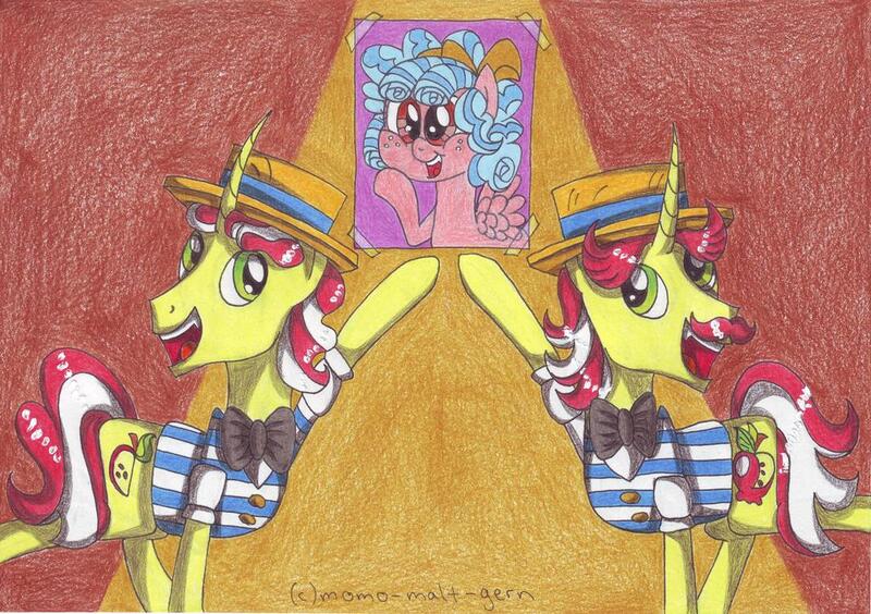 Size: 1024x722 | Tagged: safe, artist:momo-malt-gern, derpibooru import, cozy glow, flam, flim, pony, flim flam brothers, traditional art