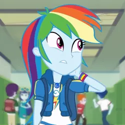 Size: 683x683 | Tagged: safe, derpibooru import, screencap, blueberry cake, curly winds, heath burns, indigo wreath, rainbow dash, some blue guy, equestria girls, equestria girls series, run to break free, spoiler:eqg series (season 2), beautiful, clothes, cropped, cute, dashabetes, female, geode of super speed, head scratch, magical geodes, sad, sadorable, singing, solo focus