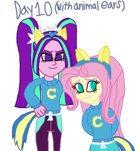 Size: 2000x2179 | Tagged: safe, artist:bigpurplemuppet99, derpibooru import, aria blaze, fluttershy, equestria girls, 30 day otp challenge, ariashy, female, flutterblaze, lesbian, shipping, wondercolts uniform