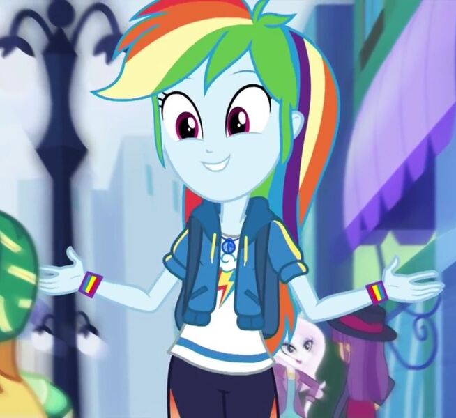 Size: 1080x991 | Tagged: safe, derpibooru import, screencap, fleur-de-lis, gallop j. fry, ginger owlseye, rainbow dash, equestria girls, equestria girls series, run to break free, spoiler:eqg series (season 2), arms wide open, background human, beautiful, canterlot city, cropped, cute, dashabetes, fedora, female, geode of super speed, hat, magical geodes, motion blur, singing, solo focus