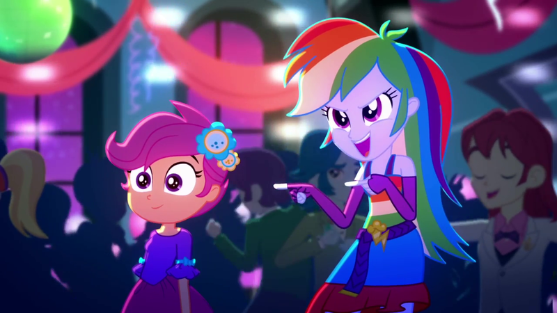 Size: 1280x720 | Tagged: safe, deleted from derpibooru, derpibooru import, screencap, captain planet, cloudy kicks, indigo wreath, nolan north, rainbow dash, scootaloo, eqg summertime shorts, equestria girls, raise this roof, background human, clothes, cute, cutealoo, fall formal outfits, female, fingerless gloves, gloves, male, sleeveless, smiling