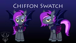 Size: 6830x3840 | Tagged: safe, artist:legendaryspider, derpibooru import, oc, oc:chiffon swatch, bat pony, pony, bat pony oc, bat wings, beautiful, broken hearts, buttons, choker, clothes, commission, cute, ear piercing, ear tufts, earring, eyes half closed, eyeshadow, fishnets, goth, goth pony, gothic, hairpin, jewelry, makeup, mane, necklace, pendant, piercing, pleated skirt, reference sheet, schoolgirl, show accurate, skirt, smiling, socks, stockings, studs, tail, thigh highs, vest, watermark, wings