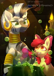 Size: 570x800 | Tagged: safe, artist:helemaranth, derpibooru import, apple bloom, zecora, earth pony, pony, zebra, blank flank, bow, bracelet, candle, cauldron, duo, ear piercing, earring, female, filly, flower, foal, grin, hair bow, heart's desire, hooves, jewelry, leg rings, mare, mouth hold, neck rings, patreon, patreon logo, piercing, quadrupedal, rcf community, smiling