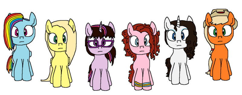 Size: 1611x635 | Tagged: safe, artist:logan jones, derpibooru import, oc, oc:allison jack, oc:flora shelly, oc:peggy diane, oc:rachel dawn, oc:rebecca tina, oc:tina sparks, earth pony, pegasus, pony, unicorn, alternate mane six, alternate universe, blank stare, bracelet, dyed hair, freckles, glasses, hat, jewelry, lookalikes, looking at you, natural hair color, not applejack, not fluttershy, not pinkie pie, not rainbow dash, not rarity, not twilight sparkle, simple background, white background