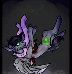 Size: 1993x2048 | Tagged: grimdark, artist:greydove, derpibooru import, oc, oc:dante fly, pegasus, pony, blood, clothes, dark background, falling, green eyes, half bat pony, male, scarf, sword, text, weapon