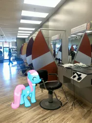 Size: 3024x4032 | Tagged: safe, derpibooru import, photographer:undeadponysoldier, lotus blossom, earth pony, human, pony, augmented reality, barbershop, chair, female, gameloft, greatclips, irl, irl human, mare, photo, ponies in real life, solo