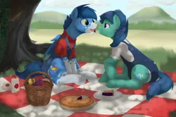 Size: 4960x3285 | Tagged: suggestive, artist:edrian, derpibooru import, oc, oc:daydream, oc:mix-up, unofficial characters only, earth pony, pegasus, pony, adult foal, clothes, diaper, field, food, fruits, overalls, picnic, pie