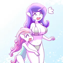 Size: 2508x2508 | Tagged: suggestive, artist:sigpi, derpibooru import, rarity, sweetie belle, anthro, unicorn, absolute cleavage, belly button, big breasts, bikini, boob poke, breasts, busty rarity, cleavage, clothes, female, hug, mare, one-piece swimsuit, ouch, pain, poking, siblings, sisters, surprised, swimsuit, this will end in blood, unicorn problems