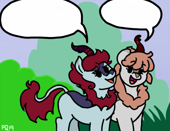 Size: 558x429 | Tagged: artist:pony quarantine, bush, cropped, derpibooru import, exploitable meme, kirin, kirin oc, meme, oc, oc:nani kane, oc:wahine kona, safe, simple background, speech bubble, unofficial characters only