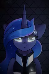 Size: 1000x1500 | Tagged: safe, artist:shadowreindeer, derpibooru import, princess luna, alicorn, pony, abstract background, bust, clothes, connor, cosplay, costume, crossover, detroit: become human, female, folded wings, jacket, looking at you, mare, portrait, rk900, solo, video game, video game crossover, wings