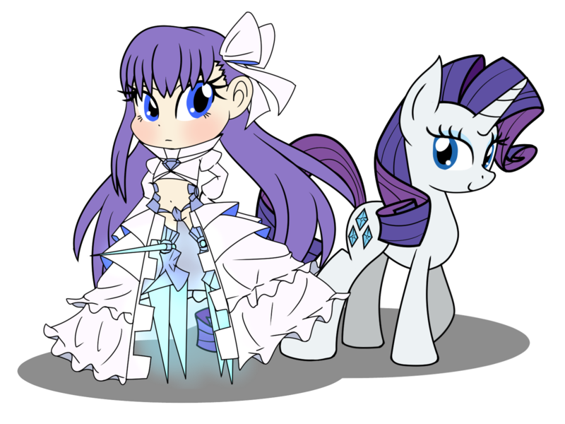 Size: 1600x1200 | Tagged: questionable, artist:geraritydevillefort, derpibooru import, rarity, unicorn, anime, cameltoe, clothes, crossover, cutie mark, fate/extra, fate/grand order, female, mare, meltryllis, simple background, smiling, transparent background