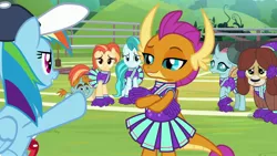 Size: 1920x1080 | Tagged: safe, derpibooru import, screencap, lighthoof, ocellus, rainbow dash, shimmy shake, smolder, snips, yona, changedling, changeling, dragon, pegasus, pony, unicorn, yak, 2 4 6 greaaat, cheerleader ocellus, cheerleader outfit, cheerleader smolder, cheerleader yona, clothes, coach rainbow dash, coaching cap, colt, crossed arms, curved horn, fangs, female, folded wings, frown, hat, horn, lidded eyes, male, mare, monkey swings, pom pom, smiling, smirk, smugder, teenaged dragon, teenager, whistle, whistle necklace, wings