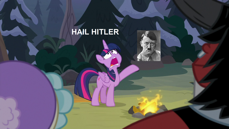 Size: 1920x1080 | Tagged: adolf hitler, alicorn, campfire, changeling, changeling queen, cozy glow, derpibooru import, disguise, disguised changeling, edit, edited screencap, female, forest, frenemies (episode), lord tirek, nazi, politics, queen chrysalis, safe, salute, screencap, the pathetic princess thing, twilight sparkle, twilight sparkle (alicorn)