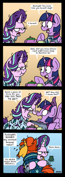 Size: 1300x3507 | Tagged: safe, artist:bobthedalek, derpibooru import, starlight glimmer, sunburst, twilight sparkle, twilight sparkle (alicorn), vinyl scratch, alicorn, pony, unicorn, a trivial pursuit, angry, bags under eyes, bed mane, boop, clothes, comforting, comic, crying, empathy cocoa, female, kite, magic, male, mare, mug, noseboop, pajamas, ragelight glimmer, starlight is not amused, teapot, that pony sure does love kites, tired, unamused