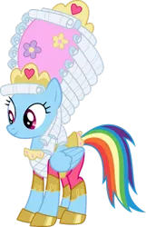 Size: 661x1024 | Tagged: safe, artist:fehlung, artist:kayman13, derpibooru import, edit, vector edit, rainbow dash, pony, clothes, dashie antoinette, dress, face edit, marie antoinette, powdered wig, rainbow dash always dresses in style, simple background, smiling, solo, transparent background, vector, wig