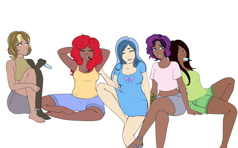 Size: 4701x2912 | Tagged: safe, artist:emberfan11, artist:icey-wicey-1517, color edit, derpibooru import, edit, oc, oc:apple berry, oc:evening glitter, oc:tinker (ice1517), oc:twinkle mint, oc:white lilly, unofficial characters only, cyborg, human, icey-verse, amputee, arm behind head, armpits, barefoot, belly button, braces, breasts, clothes, collaboration, colored, dark skin, dress, evening lilly, eyes closed, feet, female, food, humanized, humanized oc, lesbian, looking at each other, magical lesbian spawn, midriff, miniskirt, nose piercing, nose ring, oc x oc, offspring, open mouth, parent:applejack, parent:derpy hooves, parent:doctor whooves, parent:minuette, parent:starlight glimmer, parent:strawberry sunrise, parent:sunset shimmer, parent:trixie, parents:applerise, parents:doctorderpy, parents:minixie, parents:shimmerglimmer, piercing, popsicle, prosthetic leg, prosthetic limb, prosthetics, sandals, shipping, shirt, shorts, siblings, simple background, sisters, sitting, skirt, soles, straw, t-shirt, tanktop, tattoo, transparent background, wall of tags
