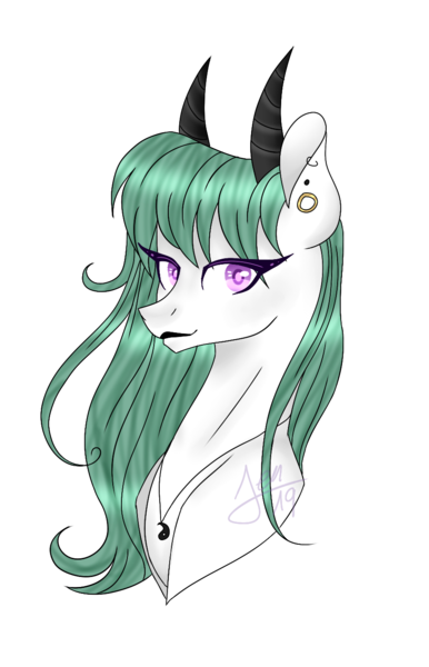 Size: 900x1400 | Tagged: safe, artist:zima, derpibooru import, oc, oc:zima, hybrid, pegasus, pony, bust, ear piercing, earring, horns, jewelry, looking at you, necklace, paint tool sai, piercing, portrait, simple background, solo, transparent background, yang