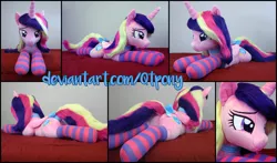 Size: 5205x3060 | Tagged: safe, artist:qtpony, derpibooru import, princess cadance, pony, bow, butt, clothes, irl, photo, plot, plushie, prone, socks, solo, striped socks, tail bow