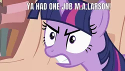 Size: 637x361 | Tagged: safe, derpibooru import, edit, edited screencap, editor:undeadponysoldier, screencap, twilight sparkle, pony, unicorn, the return of harmony, angry, female, golden oaks library, looking at you, m.a. larson, mare, meme, shrunken pupils, solo, thanks m.a. larson, unicorn twilight, you had one job