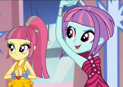 Size: 1521x1080 | Tagged: safe, derpibooru import, screencap, sour sweet, sunny flare, dance magic, equestria girls, spoiler:eqg specials, armpits, arms in the air, crystal prep shadowbolts, duo, duo female, female, freckles, ponytail, sleeveless, smiling