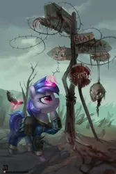 Size: 2000x3000 | Tagged: semi-grimdark, artist:jedayskayvoker, derpibooru import, pinkie pie, sea swirl, seafoam, earth pony, pony, unicorn, fallout equestria, fanfic, 10mm pistol, background pony, bag, blood, bone, clothes, cloud, cloudy, commission, crossroads, dead, dead tree, fallout, fanfic art, female, forever, glowing horn, grin, gun, handgun, hooves, horn, levitation, looking at you, magic, mare, ministry mares, ministry of morale, pinkie pie is watching you, pipbuck, pistol, poster, propaganda, road sign, saddle bag, skeleton, skull, smiling, solo, stop sign, telekinesis, text, tree, vault suit, wasteland, weapon, ych result