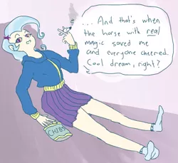 Size: 617x566 | Tagged: 4chan, anonymous artist, chips, clothes, colored, derpibooru import, drawthread, drugs, food, high, human, humanized, joint, marijuana, missing shoes, /mlp/, potato chips, safe, simple background, solo, stoned trixie, trixie