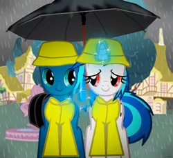 Size: 3600x3300 | Tagged: safe, artist:agkandphotomaker2000, derpibooru import, vinyl scratch, oc, oc:pony video maker, pegasus, pony, unicorn, canon x oc, female, fountain, levitation, magic, male, ponyville, rain, rain coat, shipping, straight, telekinesis, umbrella, videoscratch