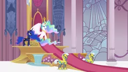 Size: 1280x720 | Tagged: safe, derpibooru import, screencap, princess celestia, princess luna, alicorn, pony, unicorn, canterlot castle, intro, opening, royal guard, theme song, throne, throne room