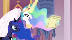 Size: 1280x720 | Tagged: safe, derpibooru import, screencap, princess celestia, princess luna, alicorn, pony, canterlot castle, glowing horn, horn, intro, levitation, magic, opening, telekinesis, theme song, throne, throne room