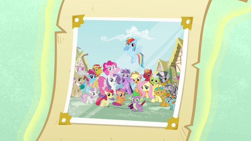 Size: 1280x720 | Tagged: safe, derpibooru import, screencap, apple bloom, applejack, big macintosh, carrot cake, cup cake, fluttershy, granny smith, mayor mare, pinkie pie, rainbow dash, rarity, scootaloo, snails, snips, spike, sweetie belle, twilight sparkle, twilight sparkle (alicorn), alicorn, dragon, earth pony, pegasus, pony, unicorn, zebra, book, colt, cutie mark crusaders, female, filly, intro, male, mane seven, mane six, mare, opening, photo, ponyville, quill, scroll, stallion, theme song