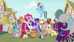 Size: 1280x720 | Tagged: safe, derpibooru import, screencap, apple bloom, applejack, big macintosh, carrot cake, cup cake, fluttershy, granny smith, mayor mare, photo finish, pinkie pie, rainbow dash, rarity, scootaloo, snails, snips, spike, sweetie belle, twilight sparkle, twilight sparkle (alicorn), alicorn, dragon, earth pony, pegasus, pony, unicorn, zebra, book, camera, colt, cutie mark crusaders, female, filly, intro, male, mane seven, mane six, mare, opening, ponyville, quill, stallion, theme song