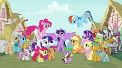 Size: 1920x1080 | Tagged: safe, derpibooru import, screencap, apple bloom, applejack, big macintosh, carrot cake, cup cake, fluttershy, granny smith, mayor mare, pinkie pie, rainbow dash, rarity, scootaloo, snails, snips, spike, starlight glimmer, sweetie belle, twilight sparkle, twilight sparkle (alicorn), zecora, alicorn, dragon, earth pony, pegasus, pony, unicorn, zebra, book, colt, cutie mark, cutie mark crusaders, female, filly, intro, male, mane seven, mane six, mare, opening, ponyville, quill, stallion, the cmc's cutie marks, theme song