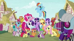 Size: 1280x720 | Tagged: safe, derpibooru import, screencap, apple bloom, applejack, big macintosh, carrot cake, cup cake, fluttershy, granny smith, mayor mare, photo finish, pinkie pie, rainbow dash, rarity, scootaloo, snails, snips, spike, starlight glimmer, sweetie belle, twilight sparkle, twilight sparkle (alicorn), alicorn, dragon, earth pony, pegasus, pony, unicorn, zebra, season 6, book, camera, colt, cutie mark, cutie mark crusaders, female, filly, intro, male, mane seven, mane six, mare, opening, ponyville, quill, stallion, the cmc's cutie marks, theme song