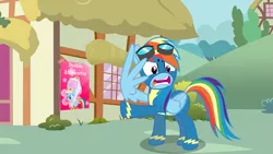 Size: 1189x671 | Tagged: safe, artist:kayman13, artist:ponkus, derpibooru import, rainbow dash, pegasus, pony, clothes, dashie antoinette, dress, female, goggles, mare, ponyville, poster, shield, uniform, what is this, wingding eyes, wings, wonderbolts, wonderbolts uniform