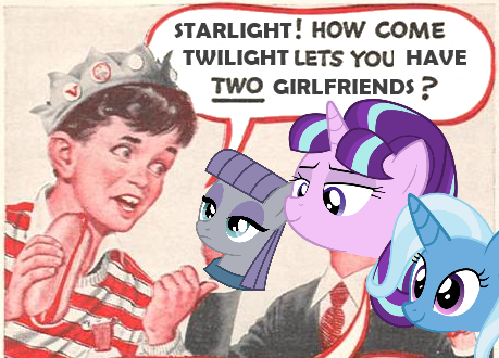 Size: 459x330 | Tagged: safe, derpibooru import, edit, maud pie, starlight glimmer, trixie, exploitable meme, female, food, gee bill, hot dog, hotdog meme, lesbian, meat, meme, polyamory, sausage, shipping, starlight glimmer gets all the mares, starmaud, starmauxie, startrix