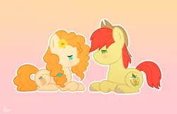 Size: 1400x900 | Tagged: safe, artist:luminousdazzle, derpibooru import, bright mac, pear butter, the perfect pear, abstract background, blushing, brightbutter, chibi, female, looking at each other, male, prone, shipping, signature, straight