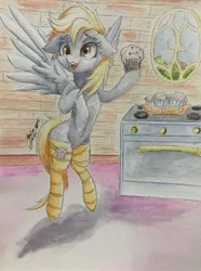 Size: 2618x3525 | Tagged: artist:galinn-arts, bipedal, clothes, cute, derpabetes, derpibooru import, derpy hooves, floppy ears, food, hoof hold, muffin, oven, safe, signature, smiling, socks, solo, striped socks, traditional art, watercolor painting