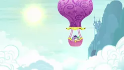 Size: 1280x720 | Tagged: safe, derpibooru import, screencap, spike, twilight sparkle, dragon, pony, unicorn, canterlot castle, cloud, cloudy, hot air balloon, opening, sky, sun, theme song, twinkling balloon, unicorn twilight