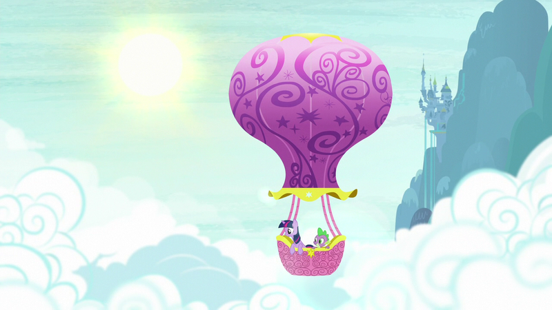 Size: 1280x720 | Tagged: safe, derpibooru import, screencap, spike, twilight sparkle, dragon, pony, unicorn, canterlot castle, cloud, cloudy, hot air balloon, opening, sky, sun, theme song, twinkling balloon, unicorn twilight