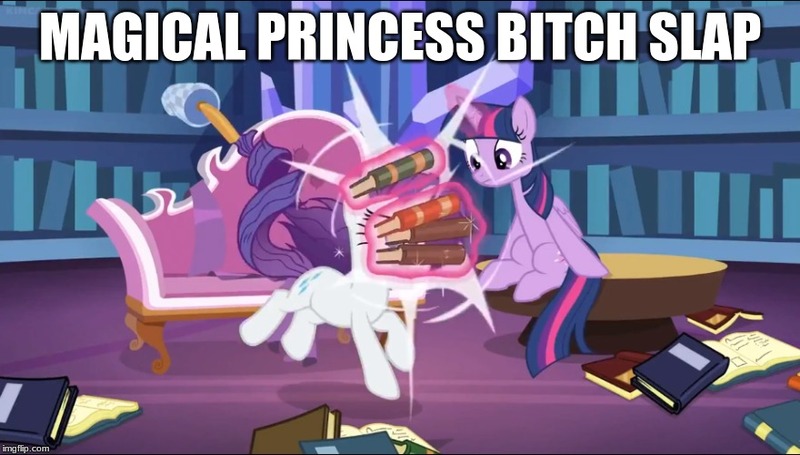 Size: 880x500 | Tagged: safe, derpibooru import, edit, edited screencap, screencap, rarity, twilight sparkle, twilight sparkle (alicorn), alicorn, pony, unicorn, dragon dropped, bitch, book, caption, couch, face into books, image macro, library, text, twibitch sparkle, twilight's castle, twilight's castle library, vulgar