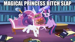 Size: 880x500 | Tagged: safe, derpibooru import, edit, edited screencap, screencap, rarity, twilight sparkle, twilight sparkle (alicorn), alicorn, pony, unicorn, dragon dropped, bitch, book, caption, couch, face into books, image macro, library, text, twibitch sparkle, twilight's castle, twilight's castle library, vulgar