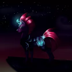 Size: 1024x1024 | Tagged: safe, artist:chiisai-hana, artist:mrscarterx3, artist:verdizonee, derpibooru import, tempest shadow, pony, unicorn, my little pony: the movie, broken horn, cliff, female, glowing horn, horn, looking at you, mare, night, profile, sky, smiling, smirk, solo, stars, storm king armor