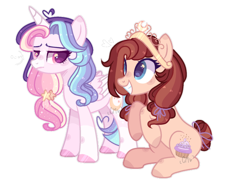 Size: 1019x784 | Tagged: safe, artist:moon-rose-rosie, derpibooru import, oc, oc:celestial moon, oc:chocolate sprinkles, alicorn, pony, alicorn oc, crown, female, horn, jewelry, regalia, sitting, sparkly mane, wings