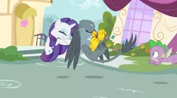 Size: 938x522 | Tagged: safe, derpibooru import, screencap, gabby, rarity, spike, dragon, gryphon, unicorn, dragon dropped, crashed into, female, winged spike