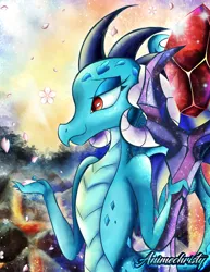 Size: 786x1017 | Tagged: artist:animechristy, cherry blossoms, derpibooru import, dragon, dragon lands, dragon lord ember, flower, flower blossom, peaceful, princess ember, safe, solo, staff, sunrise, volcano