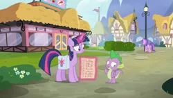 Size: 1600x900 | Tagged: alicorn, amethyst star, a trivial pursuit, bag, building, bush, chart, derpibooru import, diamond tiara, dragon, flower, hedge, house, lamp post, levitation, magic, saddle bag, safe, screencap, silver spoon, spike, telekinesis, twilight sparkle, twilight sparkle (alicorn), winged spike