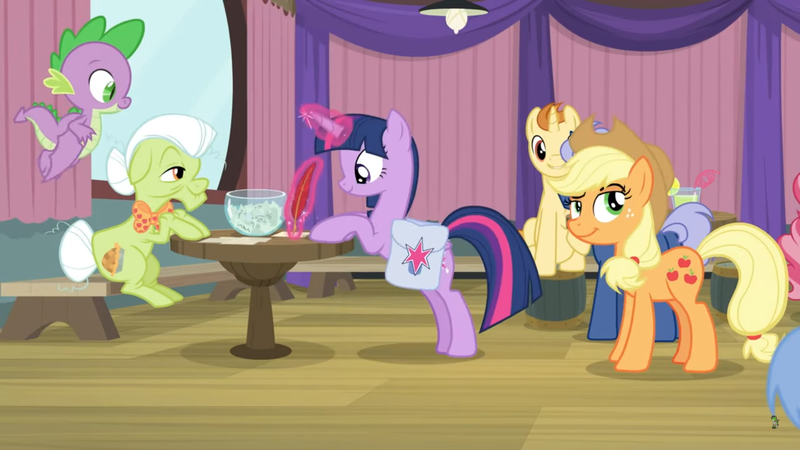 Size: 1600x900 | Tagged: alicorn, applejack, a trivial pursuit, bag, bench, bowl, ceiling light, curtains, derpibooru import, dragon, flying, granny smith, levitation, magic, paper, quill, saddle bag, safe, screencap, smiling, smirk, spike, telekinesis, twilight sparkle, twilight sparkle (alicorn), winged spike, writing