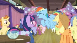 Size: 1600x900 | Tagged: safe, derpibooru import, screencap, applejack, bulk biceps, cheerilee, doctor whooves, rainbow dash, time turner, twilight sparkle, twilight sparkle (alicorn), alicorn, pony, a trivial pursuit, bowl, ceiling light, crowd, drink, excited, flying, paper, spotlight, straw, table