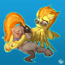 Size: 3500x3500 | Tagged: suggestive, artist:amazin-a, banned from derpibooru, deleted from derpibooru, derpibooru import, spitfire, oc, oc:dim, earth pony, pegasus, pony, butt, butthug, canon x oc, clothes, faceful of ass, firebutt, hug, image, jpeg, nudity, pants, plot